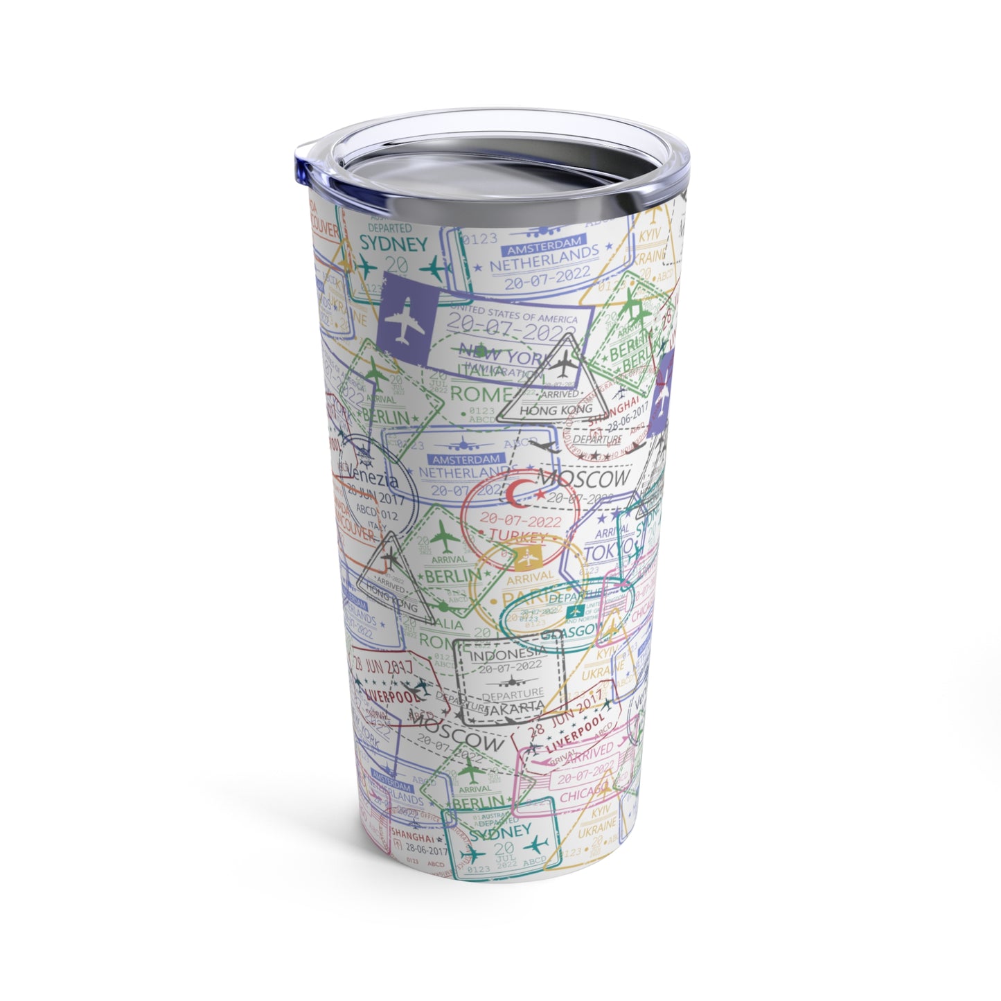 Vaso Tumbler Blanco de Viaje con Estampas de Pasaporte, 20oz