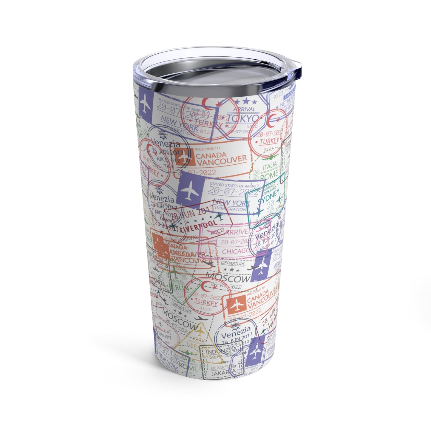 Vaso Tumbler Blanco de Viaje con Estampas de Pasaporte, 20oz