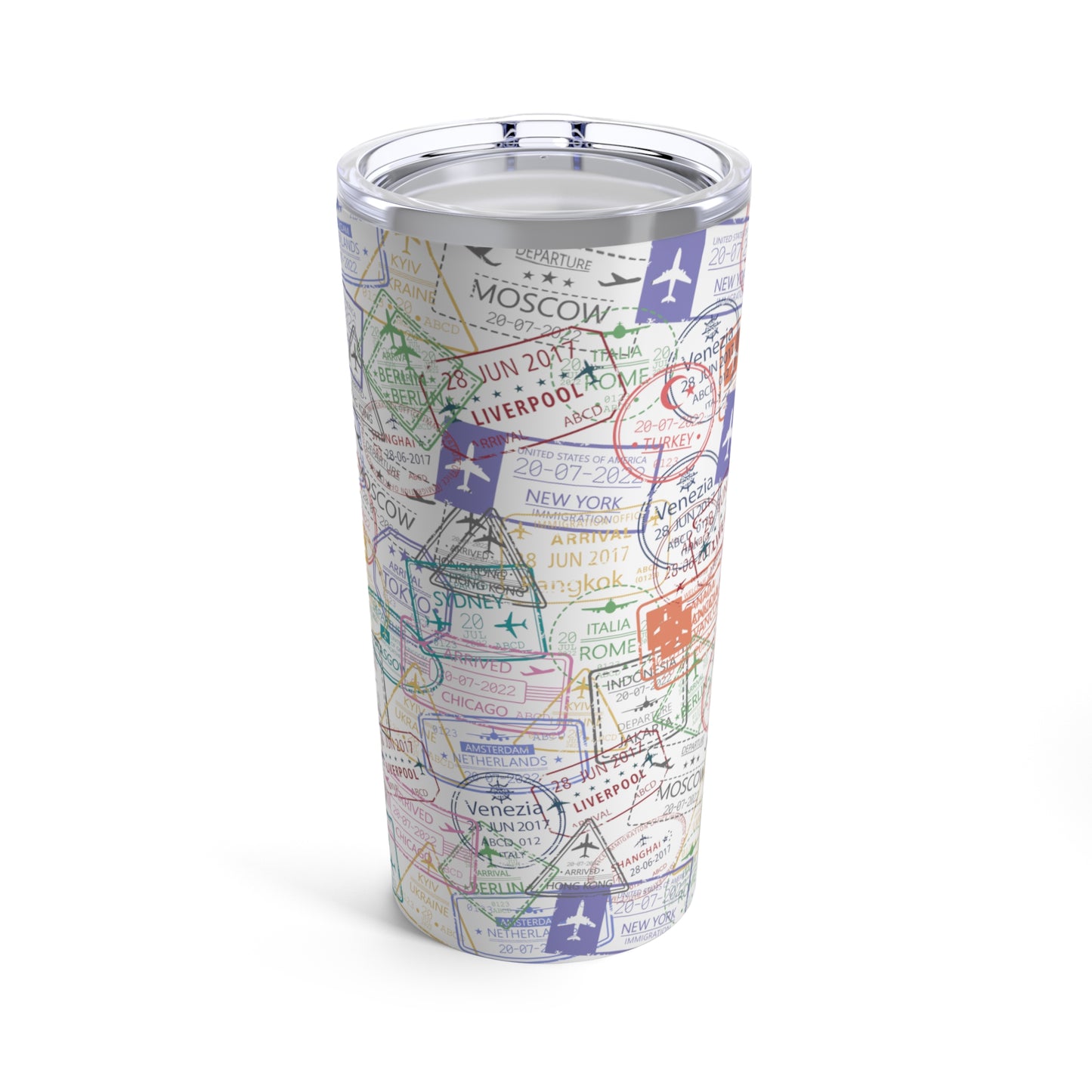 Vaso Tumbler Blanco de Viaje con Estampas de Pasaporte, 20oz